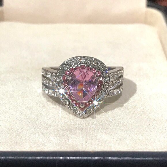 🌸Water Drop Three Layers Pink Stone Ring For Girls/Women, F070 - Picture 3 of 5